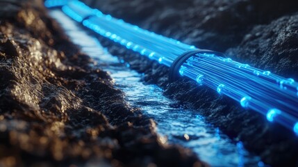 Multiple blue fiber optic cables are laid in a trench, representing high-speed internet infrastructure and the future of digital connectivity and communication technology