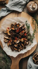 Mushrooms in spicy chili sauce garnished with herbs on a wooden platter in a rustic kitchen setting