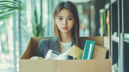 Unemployed quite job desperate asian young businesswoman resigning from company packing belongings stuff in box cardboard layoff or leaving changing work Resignation employment dismiss concept
