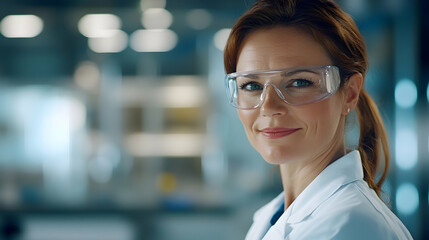Fototapeta premium Portrait of a female scientist in a lab coat, professional laboratory setting