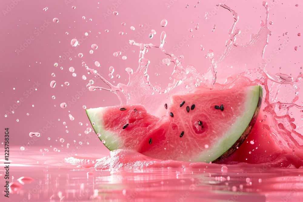 Aufkleber two slices of watermelon splashing in water on a pink background