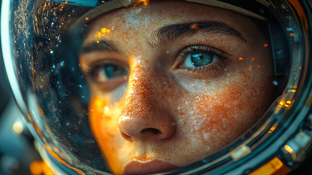 A close-up of an astronaut face inside a space helmet, reflecting cosmic lights. The expression conveys wonder and determination in space exploration