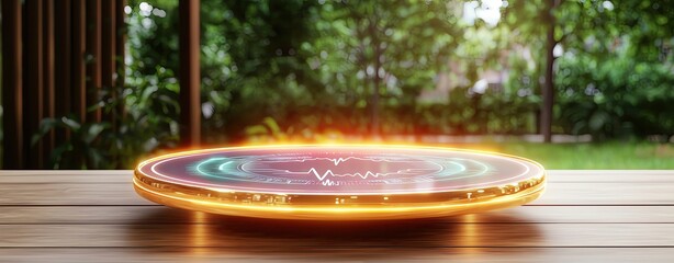 Active Senior Lifestyle and Wellness of A futuristic device emitting glowing energy symbols on a wooden surface in a serene outdoor setting.