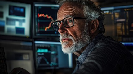 Stock broker analyzing complex data in a dynamic trading environment during market hours