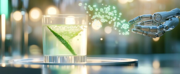 Futuristic aloe vera beverage with robotics in modern setting for innovation and wellness