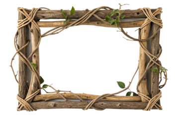 Natural Rustic Wooden Frame with Twisted Branches and Green Leaves Isolated on Transparent Background. PNG
