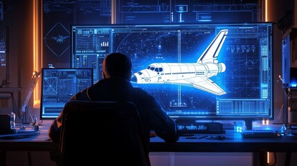 A person sits at a desk in a dark room illuminated by blue and orange computer screens displaying a pixelated spaceship. The scene evokes a futuristic, technological atmosphere.