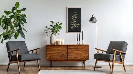 Set of design furniture with armchairs wooden commode home decor floor standing light lamp vase with plants mockup poster candles in vintage candlesticks Scandinavian interior in living room