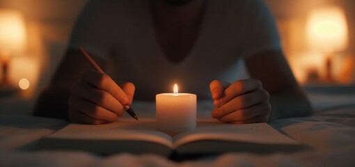 person with pencil writing by candlelight in dimly lit bedroom intimate atmosphere reflecting personal thoughts concept self help creative journaling