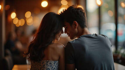 Fototapeta premium Romantic couple sitting closely in a cozy cafe