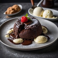 A decadent chocolate lava cake on a white plate, with molten chocolate oozing out of the center, dusted with powdered sugar, and garnished with fresh raspberries and a mint leaf. 