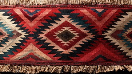 Close up view of a richly colored rug with geometric patterns in red, black, teal, and beige. The rug features a textured fringe on both ends. The image has a slightly dark and moody lighting style.