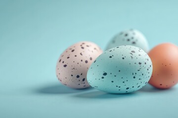 Fototapeta premium Brightly colored eggs on a serene blue background for vibrant easter celebrations and seasonal marketing initiatives. Perfect for spring-themed promotions and festive projects