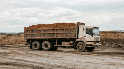 Obraz premium Dump truck carrying gravel on a dirt road at a construction site.