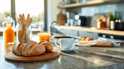 Fresh breakfast with croissants and coffee served on kitchen counter