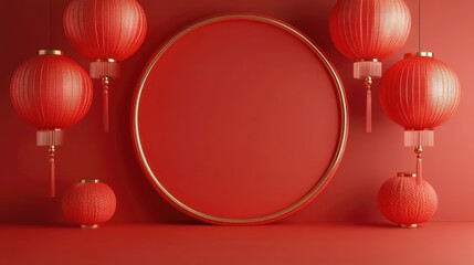 Luxurious red design featuring traditional Chinese lanterns, a gold circular frame, and ornate details. Perfect for Chinese New Year celebrations, cultural events, or festive decor