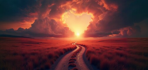  Red heart shaped clouds at sunset. Beautiful landscape with road. Love background with copy space. Road to love

