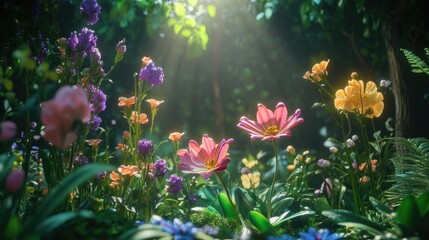 Obraz premium A vibrant garden scene featuring blooming flowers