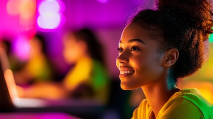 Smiling Young Woman in Yellow Shirt Under Vibrant Purple and Green Lighting