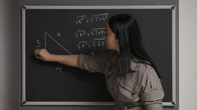 The teacher writes various mathematical formulas on a blackboard and gives the lesson. Teacher writes on blackboard.