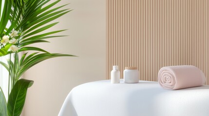 Fototapeta premium White fluffy towel and skincare products on a white massage table near a tropical plant. The light beige background features a wooden wall, creating a spa setting that evokes wellness and beauty.