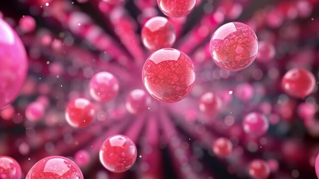abstract background with pink bubbles or glass balls slowly moving towards the camera