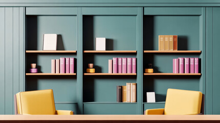 Teal Bookcase with Yellow Armchairs in Minimalist Interior