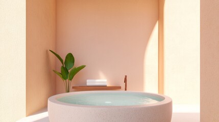 Fototapeta premium A tranquil minimalist bathroom with a round terrazzo tub filled with light blue water, a wooden bench with towels, and a small plant against a peach colored wall. Soft sunlight illuminates the scene.