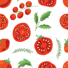Seamless pattern of ripe tomatoes. Vegetables. Red tomatoes. Juicy Harvest. Healthy food. Vector illustration.