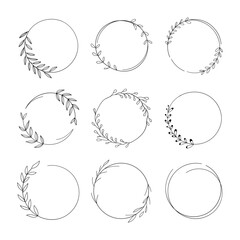 Set of nine small decorative wreaths with foliage branches in a minimalist black and white style.