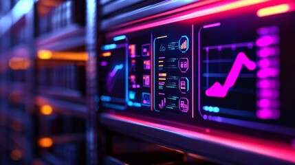Obraz premium Close up view of a server rack displaying vibrant pink and blue digital data graphs and charts on a screen. The background features additional server components in warm orange lighting.