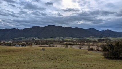 Obraz premium Beautiful landscape scenery, countryside at Croatia, county Hrvatsko zagorje, nature and mountains background