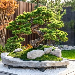Serene Bonsai Tree in Stone Pot, Lush Green Foliage, Zen Garden