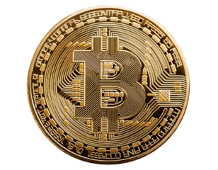 A golden bitcoin coin with an intricate digital circuit design, cut out against a transparent backdrop.