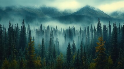 Misty Coniferous Forest with Mountain Background