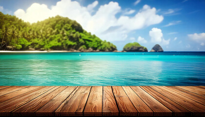 Fototapeta premium Empty floating wooden table surrounded by calm, crystal-clear water with a blurred tropical backdrop, ideal for showcasing luxury or nature-inspired products.