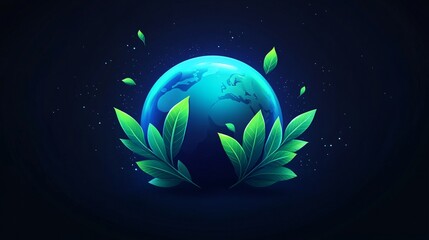 Fototapeta premium Green World Planet with Leaf Plant Flat Vector Illustration for Eco-Friendly Environment Concept