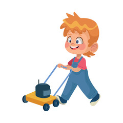 Blond Boy Pushing Toy Lawnmower