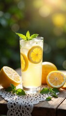 Fototapeta premium A refreshing keto lemonade in a tall glass, garnished with lemon slices, fresh mint, and ice cubes, placed on a summer-themed table