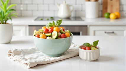 Colorful fruit salad in bowl on modern kitchen table, vibrant freshness