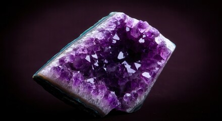 Stunning purple amethyst geode with crystalline structures on dark background