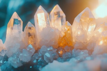 Illuminated quartz crystals cluster, glowing with inner light, a mesmerizing natural formation.