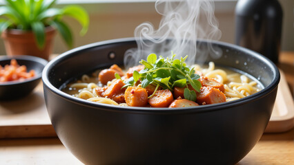 Steaming bowl of ramen in cozy kitchen during lunch hour, Ramen Time
