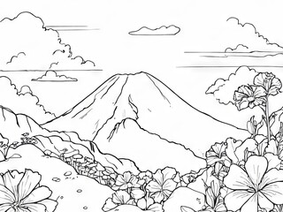 Fototapeta premium A beautiful mountain stands majestically in the background, surrounded by vibrant flowers. Soft clouds drift above under a clear sky, creating a peaceful atmosphere