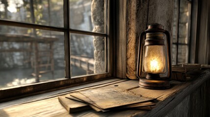 Lantern hanging outside a rustic window creates a warm atmosphere in an old-fashioned setting during the late afternoon