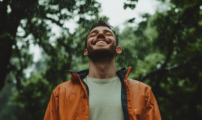 Cheerful man enjoying rain in the forest