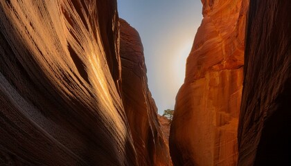 좁은 협곡 틈새로 낮 태양빛이 수직으로 비춰 황금빛 기둥을 형성