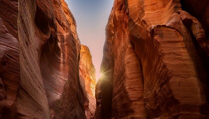 좁은 협곡 틈새로 낮 태양빛이 수직으로 비춰 황금빛 기둥을 형성