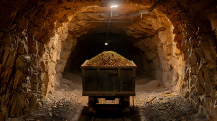A mine cart overflowing with ore sits in a dimly lit tunnel, highlighting the hard work and potential riches of mining.