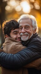 Fototapeta premium Heartwarming embrace between a young man and an elderly man in a park during autumn